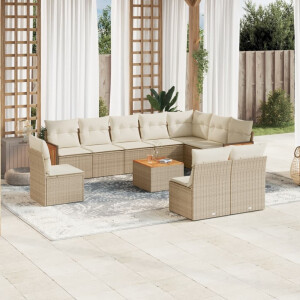 vidaXL 11-delige Tuinset met kussens poly rattan beige
