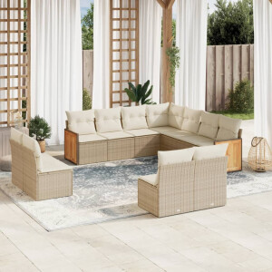 vidaXL 11-delige Tuinset met kussens poly rattan beige