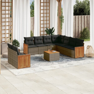 vidaXL 10-delige Loungeset met kussens poly rattan grijs