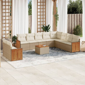 vidaXL 11-delige Tuinset met kussens poly rattan beige