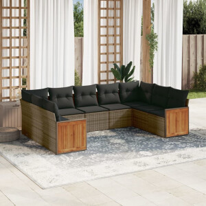 vidaXL 9-delige Loungeset met kussens poly rattan grijs