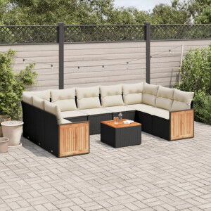 vidaXL 10-delige Loungeset met kussens poly rattan zwart
