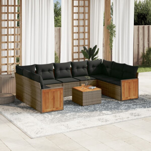 vidaXL 10-delige Loungeset met kussens poly rattan grijs