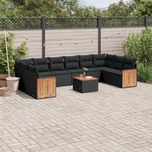 vidaXL 11-delige Loungeset met kussens poly rattan zwart