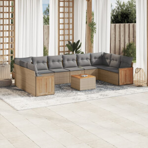 vidaXL 11-delige Tuinset met kussens poly rattan beige