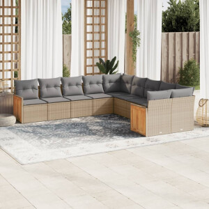 vidaXL 10-delige Loungeset met kussens poly rattan beige
