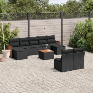 vidaXL 10-delige Loungeset met kussens poly rattan zwart