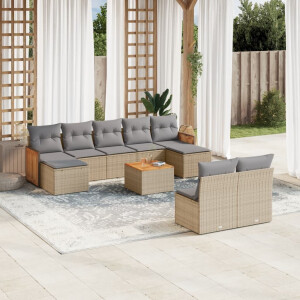 vidaXL 10-delige Loungeset met kussens poly rattan beige