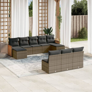 vidaXL 10-delige Loungeset met kussens poly rattan grijs