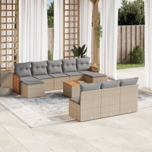 vidaXL 11-delige Tuinset met kussens poly rattan beige