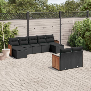 vidaXL 9-delige Loungeset met kussens poly rattan zwart