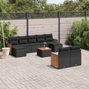 vidaXL 10-delige Loungeset met kussens poly rattan zwart