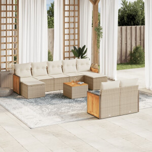 vidaXL 10-delige Loungeset met kussens poly rattan beige