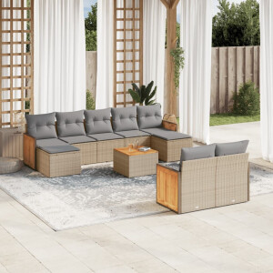 vidaXL 10-delige Loungeset met kussens poly rattan beige