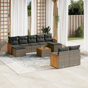 vidaXL 10-delige Loungeset met kussens poly rattan grijs