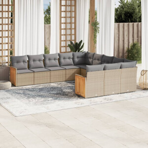 vidaXL 11-delige Tuinset met kussens poly rattan beige
