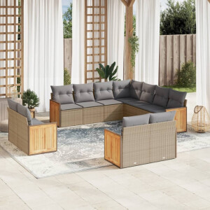 vidaXL 11-delige Tuinset met kussens poly rattan beige