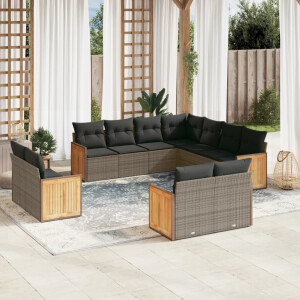 vidaXL 11-delige Loungeset met kussens poly rattan grijs