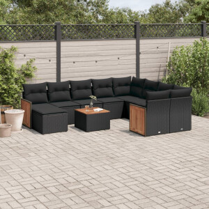 vidaXL 11-delige Loungeset met kussens poly rattan zwart