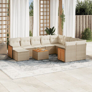 vidaXL 11-delige Tuinset met kussens poly rattan beige