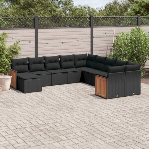 vidaXL 11-delige Loungeset met kussens poly rattan zwart