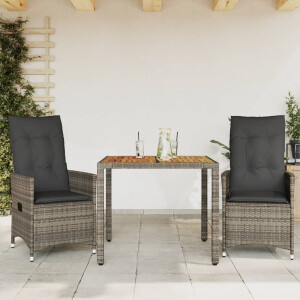 vidaXL 3-delige Bistroset met kussens poly rattan grijs