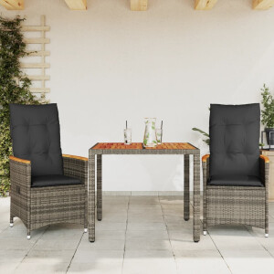 vidaXL 3-delige Bistroset met kussens poly rattan grijs