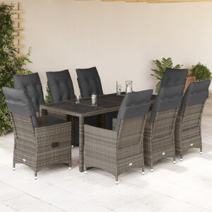 vidaXL 9-delige Bistroset met kussens poly rattan grijs