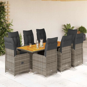 vidaXL 9-delige Bistroset met kussens poly rattan grijs