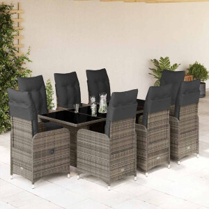 vidaXL 9-delige Bistroset met kussens poly rattan grijs
