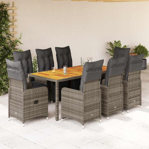 vidaXL 9-delige Bistroset met kussens poly rattan grijs
