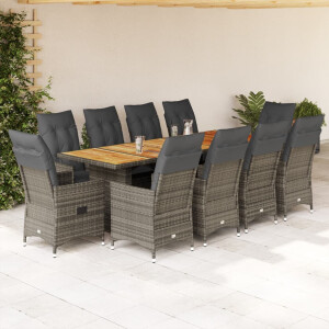 vidaXL 11-delige Bistroset met kussens poly rattan grijs