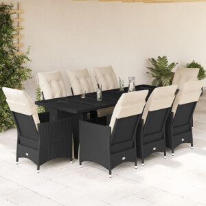 vidaXL 9-delige Bistroset met kussens poly rattan zwart