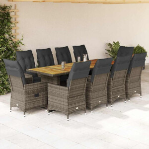 vidaXL 11-delige Bistroset met kussens poly rattan grijs