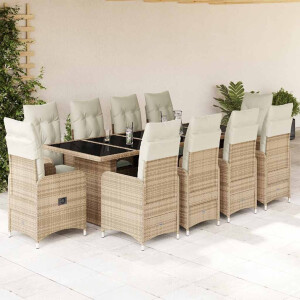 vidaXL 11-delige Bistroset met kussens poly rattan beige