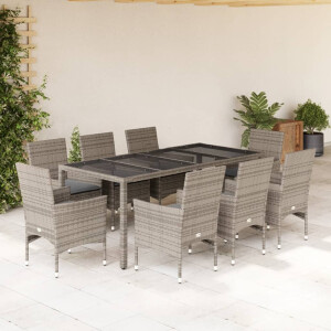 vidaXL 9-delige Tuinset met kussens poly rattan en glas grijs