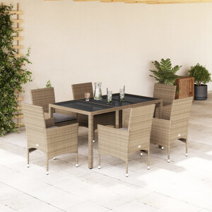 vidaXL 7-delige Tuinset met kussens poly rattan en glas beige
