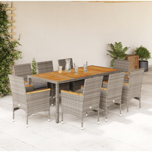 vidaXL 9-delige Tuinset met kussens poly rattan en acaciahout grijs