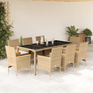 vidaXL 9-delige Tuinset met kussens poly rattan en glas beige