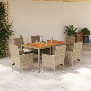 vidaXL 7-delige Tuinset met kussens poly rattan en acaciahout beige