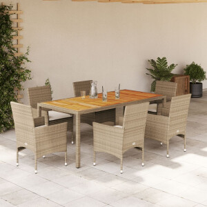 vidaXL 7-delige Tuinset met kussens poly rattan en acaciahout beige