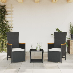 vidaXL 3-delige Tuinset met kussens poly rattan zwart