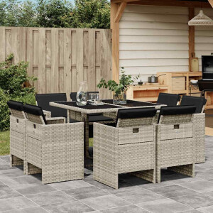 vidaXL 9-delige Tuinset met kussens poly rattan lichtgrijs