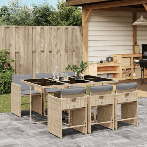 vidaXL 7-delige Tuinset met kussens poly rattan gemengd beige