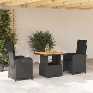 vidaXL 3-delige Tuinset met kussens poly rattan zwart