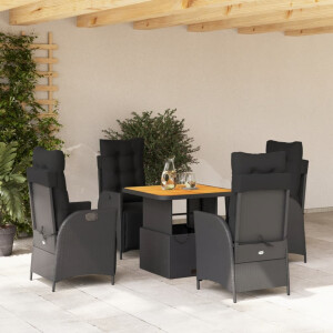 vidaXL 5-delige Tuinset met kussens poly rattan zwart