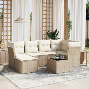 vidaXL 7-delige Loungeset met kussens poly rattan beige