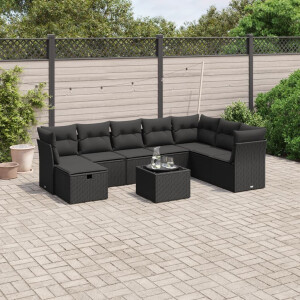 vidaXL 9-delige Loungeset met kussens poly rattan zwart