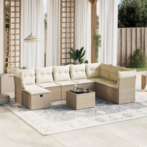 vidaXL 9-delige Loungeset met kussens poly rattan beige