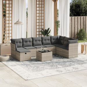 vidaXL 9-delige Loungeset met kussens poly rattan lichtgrijs